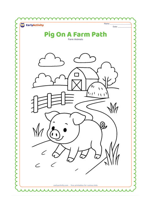 Colouring page: A pig walks along a winding path between a wooden fence and tall grass, with a small barn, haystack and distant trees behind it.