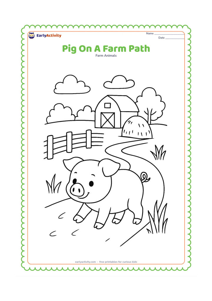 Colouring page: A pig walks along a winding path between a wooden fence and tall grass, with a small barn, haystack and distant trees behind it.