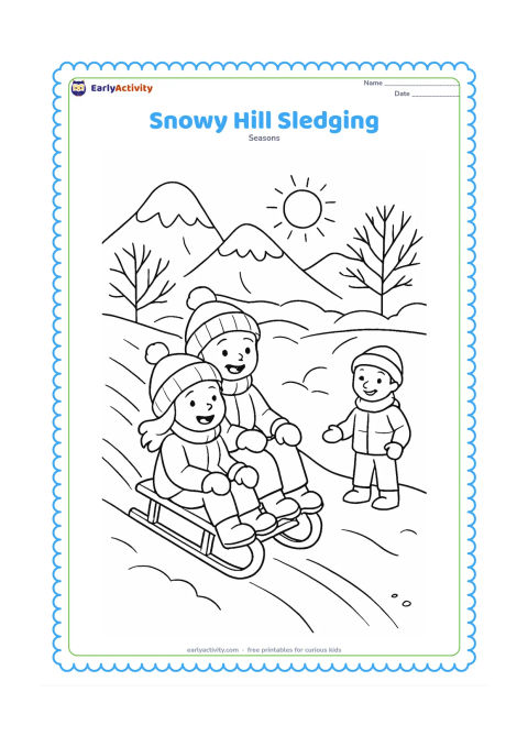 Colouring page: Two children in coats, caps and mittens slide down a gentle snowy hill on a simple sled while another child waits safely at the bottom. Include snow-covered peaks, bare trees, tracks and…