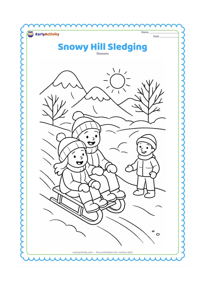 Colouring page: Two children in coats, caps and mittens slide down a gentle snowy hill on a simple sled while another child waits safely at the bottom. Include snow-covered peaks, bare trees, tracks and…