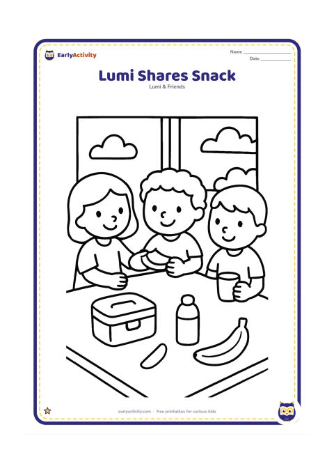 Colouring page: At a classroom table, Lumi passes a fruit piece to a smiling friend while another child holds a cup. Include a lunch box, banana, water bottle and simple window scene.