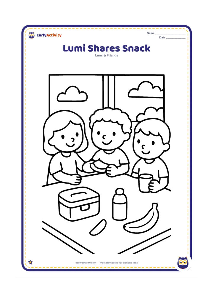 Colouring page: At a classroom table, Lumi passes a fruit piece to a smiling friend while another child holds a cup. Include a lunch box, banana, water bottle and simple window scene.
