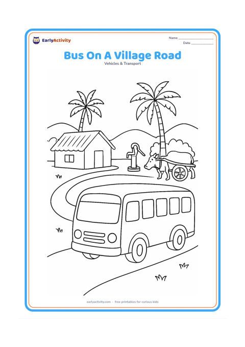 Colouring page: Draw a school bus on a winding village road in India, passing a small house, a water pump, a bullock cart, and two palm trees. Keep the bus prominent in the foreground.