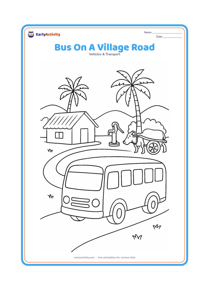 Colouring page: Draw a school bus on a winding village road in India, passing a small house, a water pump, a bullock cart, and two palm trees. Keep the bus prominent in the foreground.