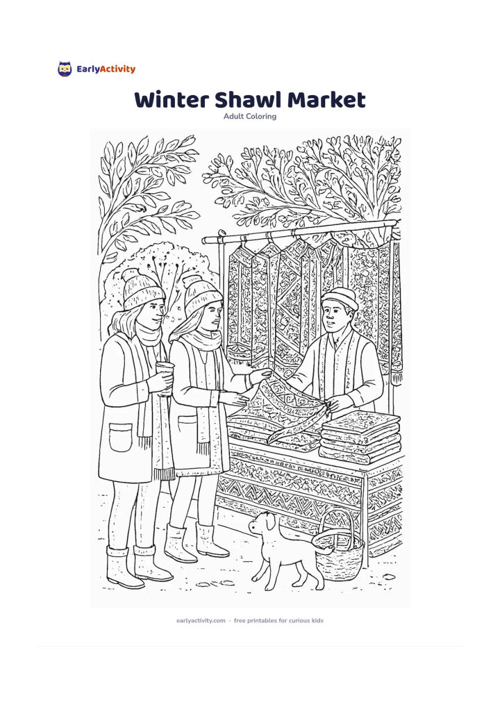 Colouring page: Show two friends browsing a winter shawl market in cool morning light, with folded textiles, a vendor, steaming cups, baskets, leafy trees, and a small street dog. Give the shawls varied…