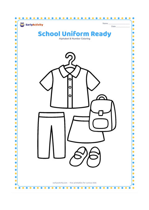 Colouring page: Draw a neatly hung school uniform with a shirt, trousers, skirt and shoes arranged beneath it. Add a small school bag beside the outfit, without any badge or writing.