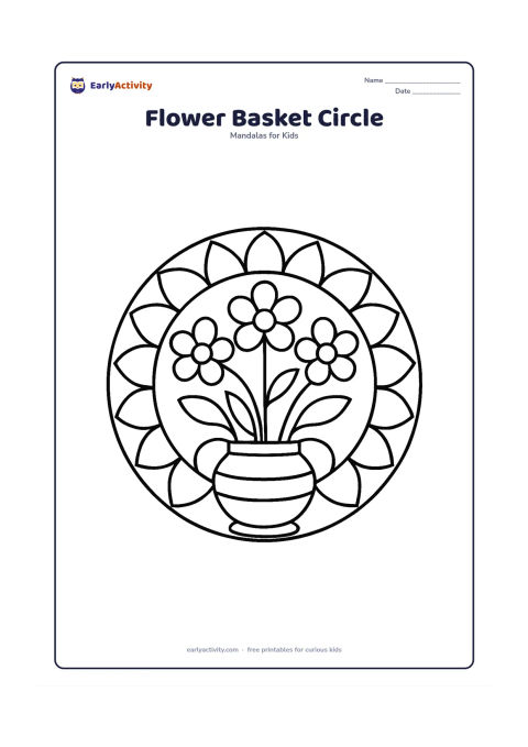 Colouring page: A circular floral mandala with three large blossoms rising from a simple rounded basket at the bottom, surrounded by wide petals and leaves that complete the circle. Include two big…