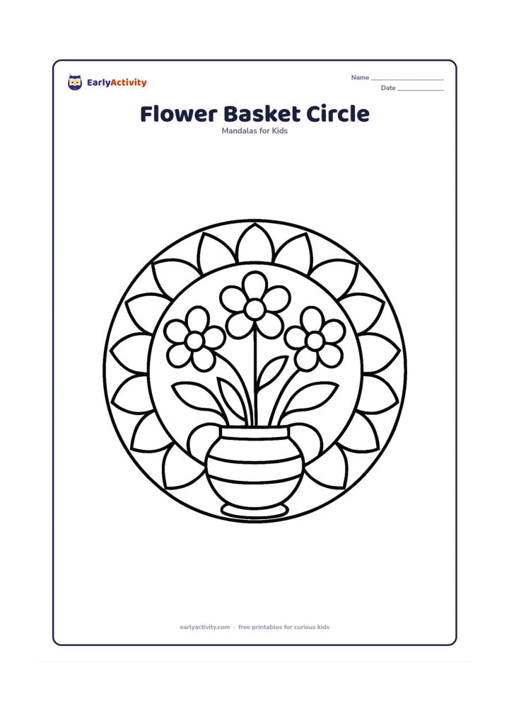 Colouring page: A circular floral mandala with three large blossoms rising from a simple rounded basket at the bottom, surrounded by wide petals and leaves that complete the circle. Include two big…