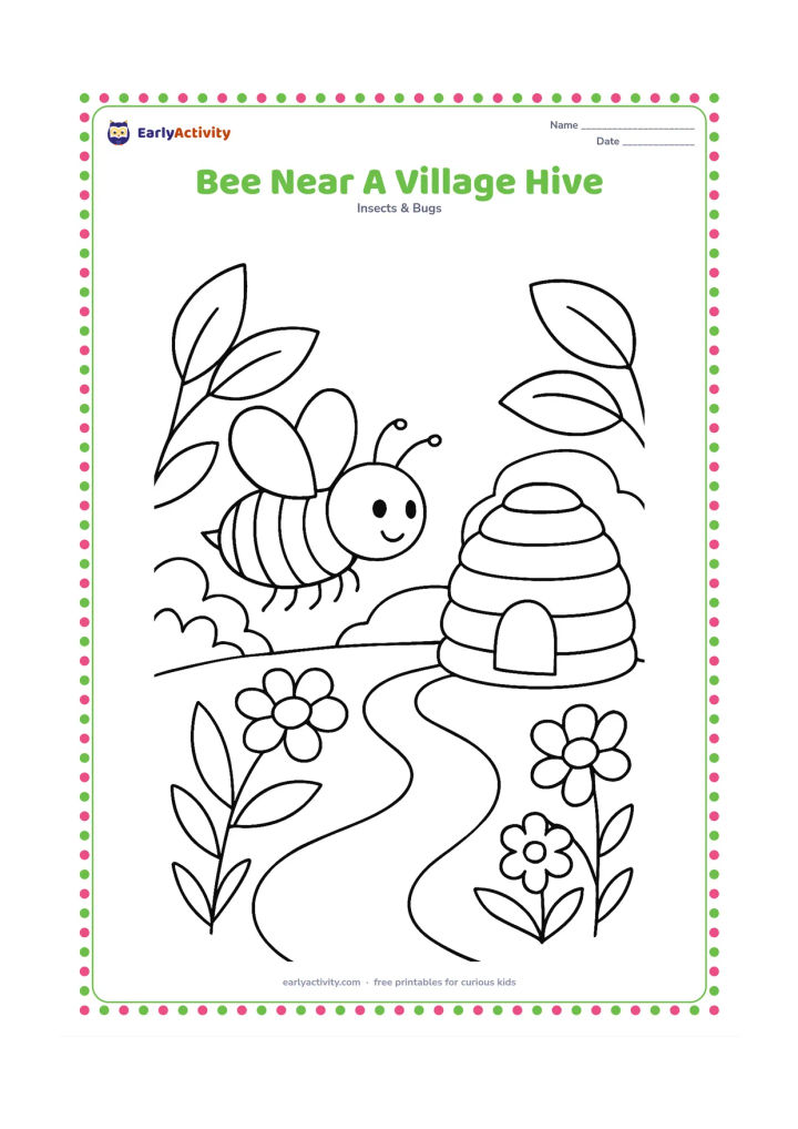 Colouring page: A bee moves toward a traditional woven-style hive placed near a small garden, with broad leaves, flowers and a simple countryside path. Keep the hive shape friendly and non-technical.