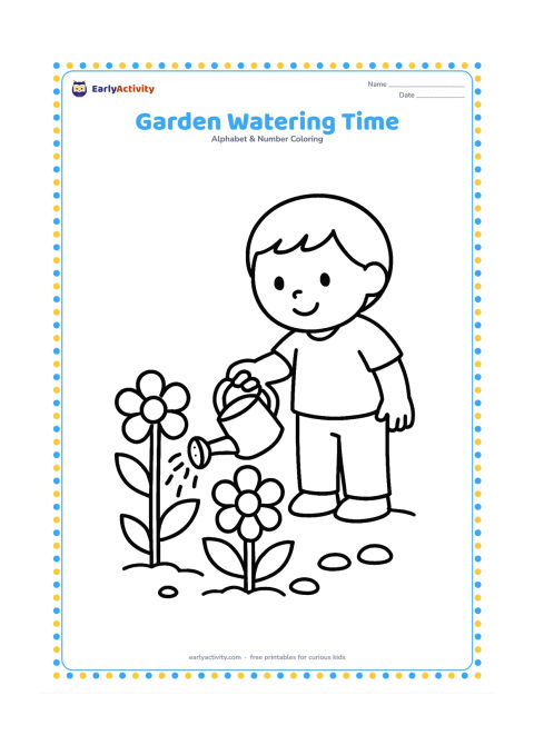 Colouring page: A child waters three large flowers with a simple watering can in a small garden bed. Include broad leaves, a few round stones, and open ground.