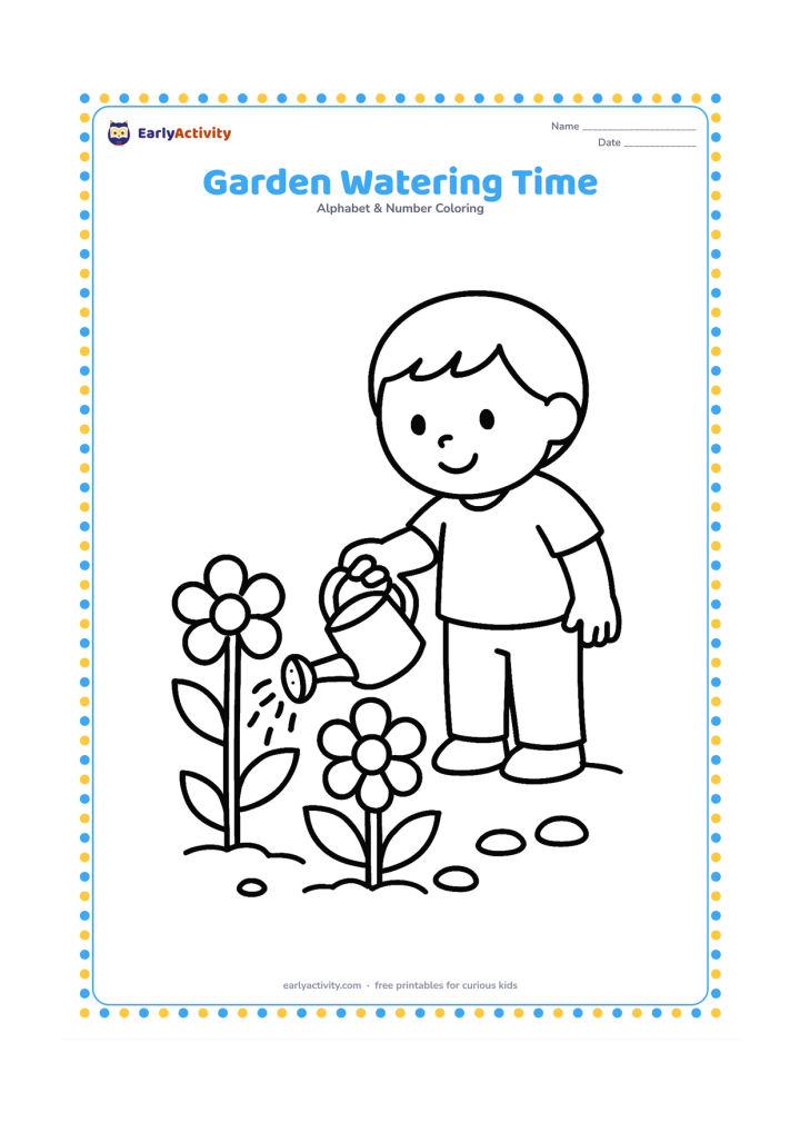 Colouring page: A child waters three large flowers with a simple watering can in a small garden bed. Include broad leaves, a few round stones, and open ground.