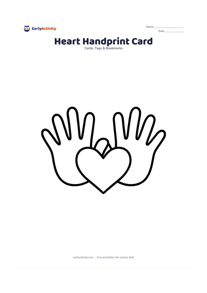 Worksheet: Draw two large overlapping handprint shapes with a big heart in the centre, suitable for a child to colour or add real fingerprints around. Leave a clear open area inside the heart for a…