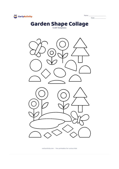 Worksheet: Arrange geometric pieces for a garden collage: layered circles and ovals for flowers, triangles and rectangles for a leafy tree, a semicircle pond, diamond stepping stones and a simple…