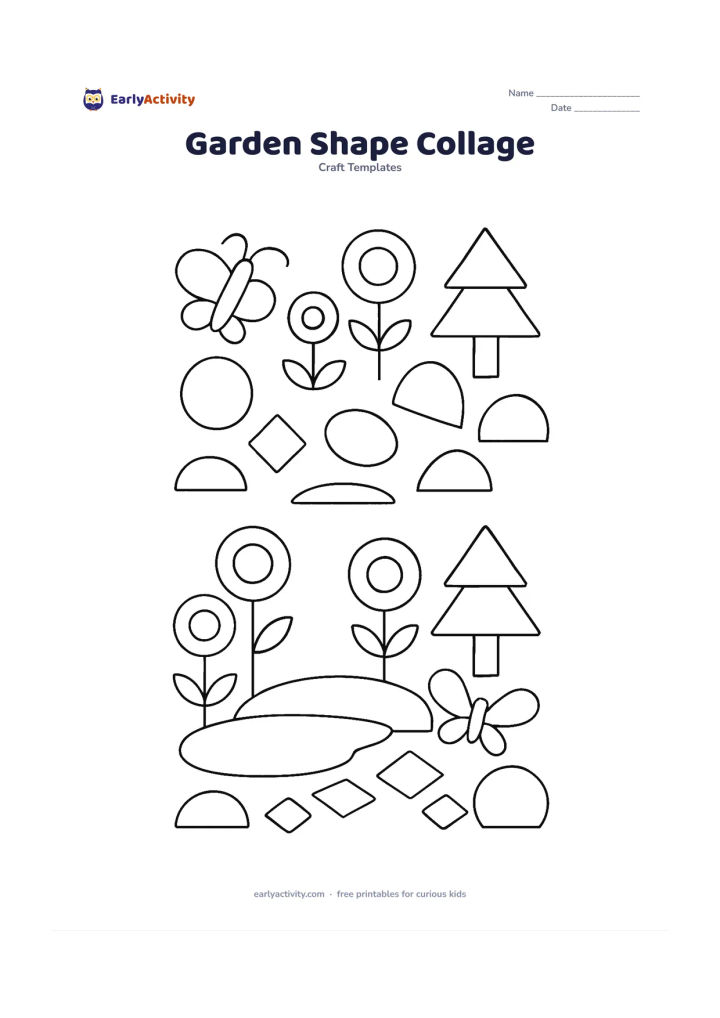 Worksheet: Arrange geometric pieces for a garden collage: layered circles and ovals for flowers, triangles and rectangles for a leafy tree, a semicircle pond, diamond stepping stones and a simple…