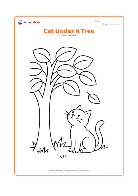 Worksheet: Draw a cat sitting beneath a broad leafy tree, looking up at one falling leaf. Include the tree trunk, a few large leaves, a patch of grass, and the cat's curved tail.