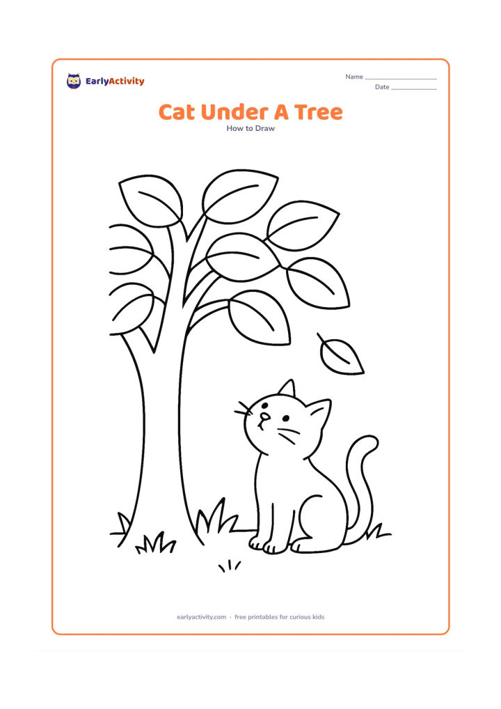 Worksheet: Draw a cat sitting beneath a broad leafy tree, looking up at one falling leaf. Include the tree trunk, a few large leaves, a patch of grass, and the cat's curved tail.