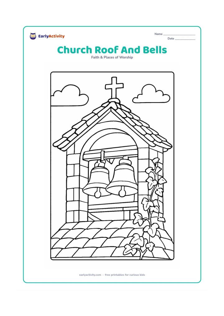 Colouring page: A close three-quarter view of a church tower reveals two bells beneath an open roof arch, wooden beams, roof tiles, a cross, ivy, and clouds beyond.