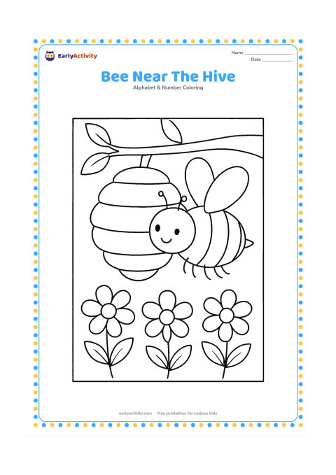 Colouring page: Draw a friendly bee hovering beside a rounded beehive hanging from a tree branch, with three flowers below and a few leaves. The hive should have only broad curved bands, with no…