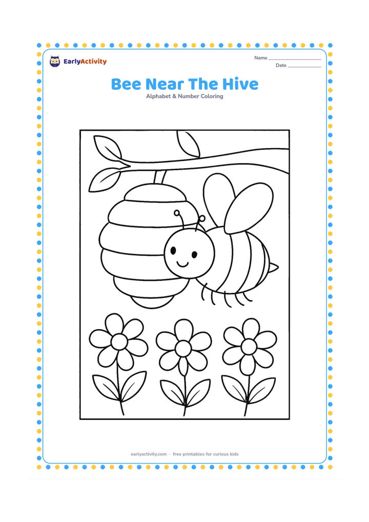 Colouring page: Draw a friendly bee hovering beside a rounded beehive hanging from a tree branch, with three flowers below and a few leaves. The hive should have only broad curved bands, with no…