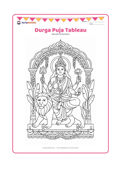 Colouring page: Draw a respectful festival tableau of Goddess Durga seated calmly with her lion, holding a lotus, trident, and other symbolic objects, framed by an ornate arch. Add layered flower…