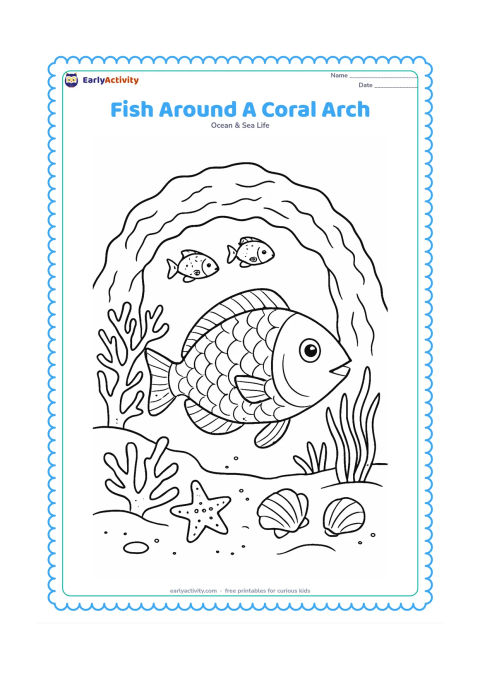 Colouring page: Draw a large fish passing beneath a natural coral arch, with two smaller fish, branching coral, sea grass, shells, a starfish and a sandy floor. Add varied scale patterns and fin…