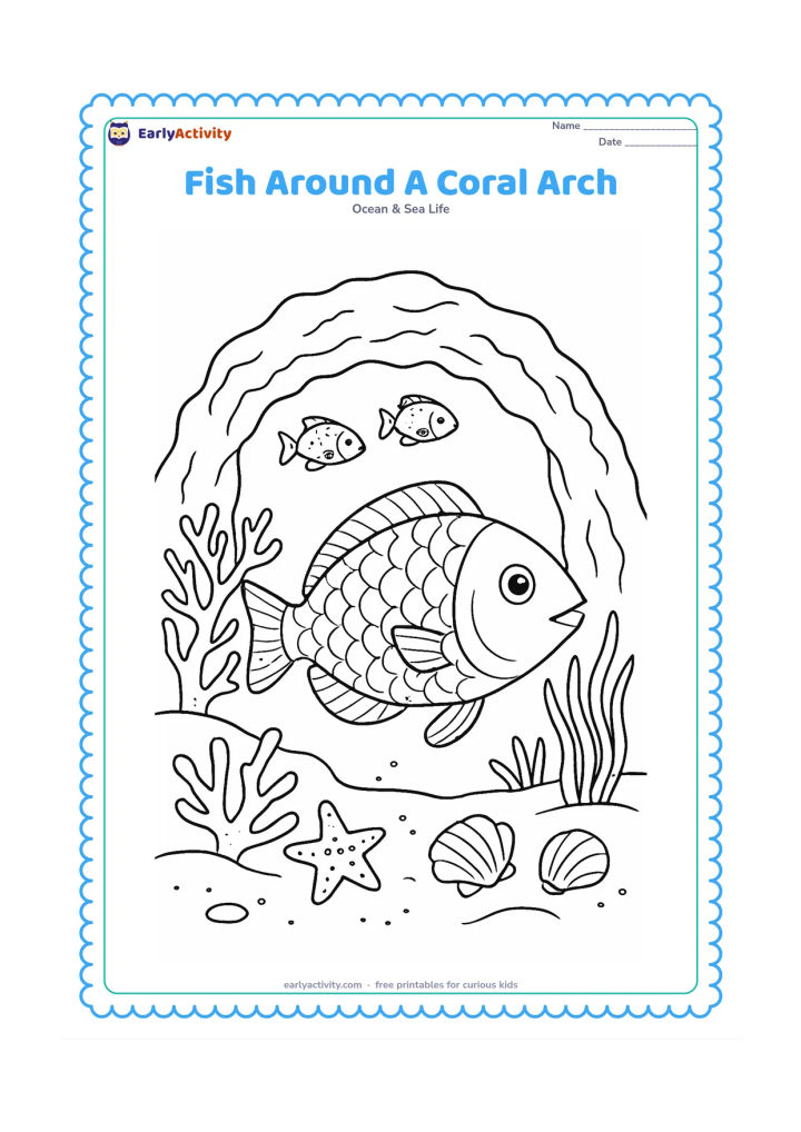 Colouring page: Draw a large fish passing beneath a natural coral arch, with two smaller fish, branching coral, sea grass, shells, a starfish and a sandy floor. Add varied scale patterns and fin…