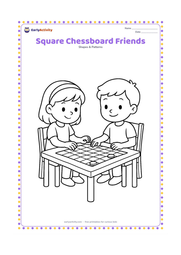 Colouring page: Two children play a simple board game on a square checkerboard at a low table. Show a few large, plain game pieces and two chairs, without letters, numbers, or tiny symbols.