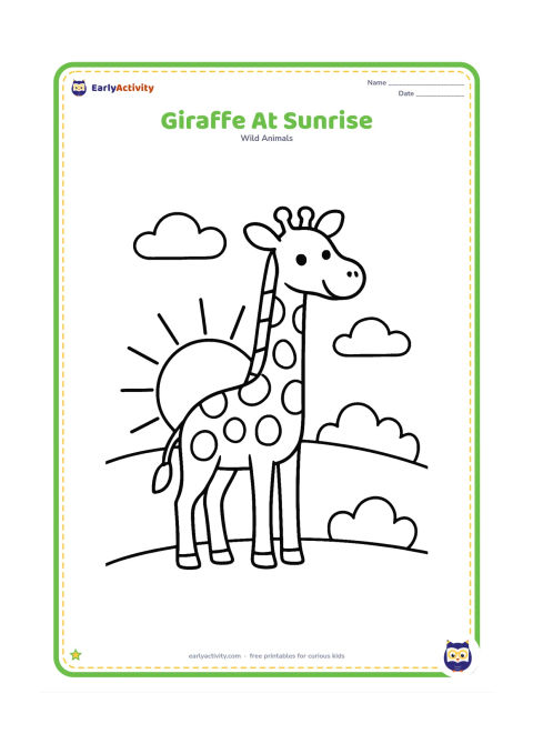 Colouring page: A giraffe stands in profile on a low grassy hill while a large sun rises behind it. Add two simple clouds and a few distant rounded bushes.