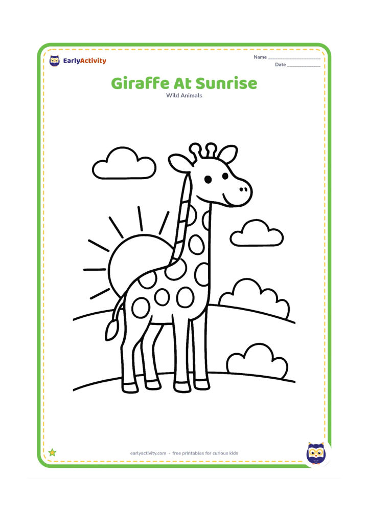 Colouring page: A giraffe stands in profile on a low grassy hill while a large sun rises behind it. Add two simple clouds and a few distant rounded bushes.