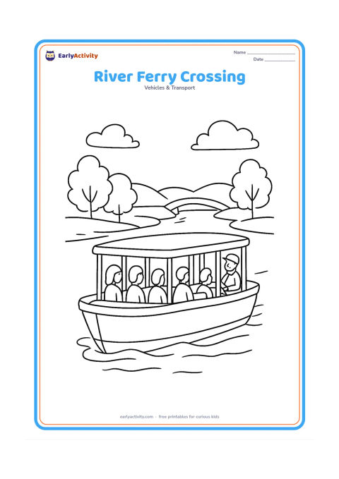 Colouring page: Draw a broad passenger ferry crossing a river with several people seated under a roof and a boat operator at the rear. Add two riverbanks, trees, and a simple bridge in the distance.