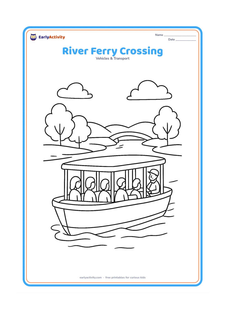 Colouring page: Draw a broad passenger ferry crossing a river with several people seated under a roof and a boat operator at the rear. Add two riverbanks, trees, and a simple bridge in the distance.