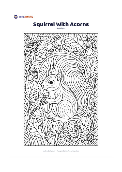 Colouring page: Place a squirrel sitting beside an acorn in the centre, with its large curved tail forming a circular frame. Surround it with repeating acorns, oak leaves, tree bark lines, nuts,…