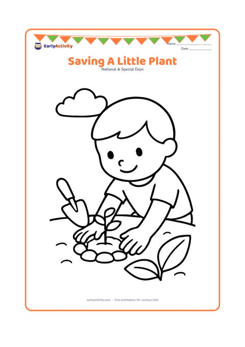 Colouring page: Draw a child placing a small protective ring of stones around a sprouting plant in a garden. Include a hand trowel, two large leaves and a gentle cloud.