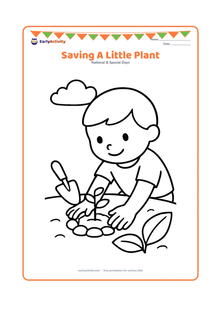 Colouring page: Draw a child placing a small protective ring of stones around a sprouting plant in a garden. Include a hand trowel, two large leaves and a gentle cloud.
