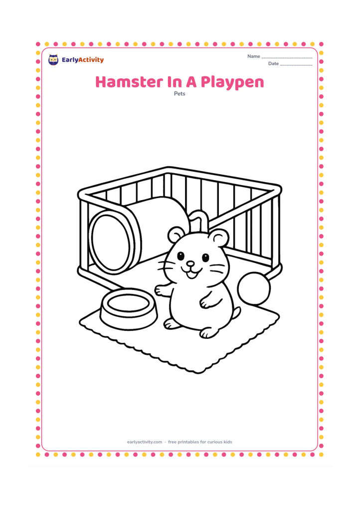 Colouring page: A happy hamster explores a small floor playpen with a large cardboard tunnel, a low dish and one soft ball. Show a simple rug beneath the playpen.