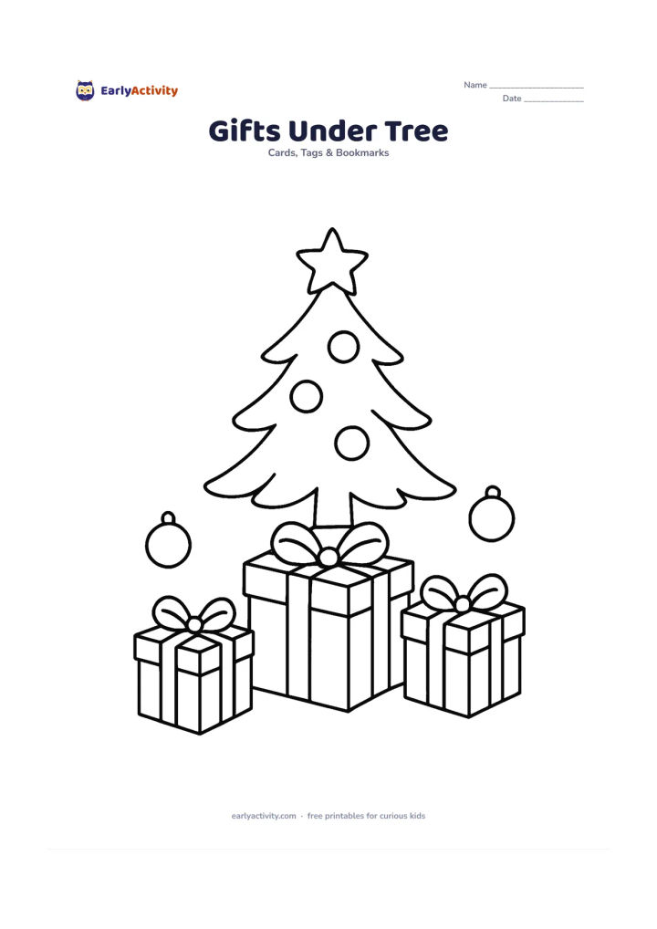 Worksheet: Draw three large wrapped gift boxes with simple ribbons beneath a small decorated Christmas tree. Add a few oversized baubles around the tree and keep the background uncluttered.