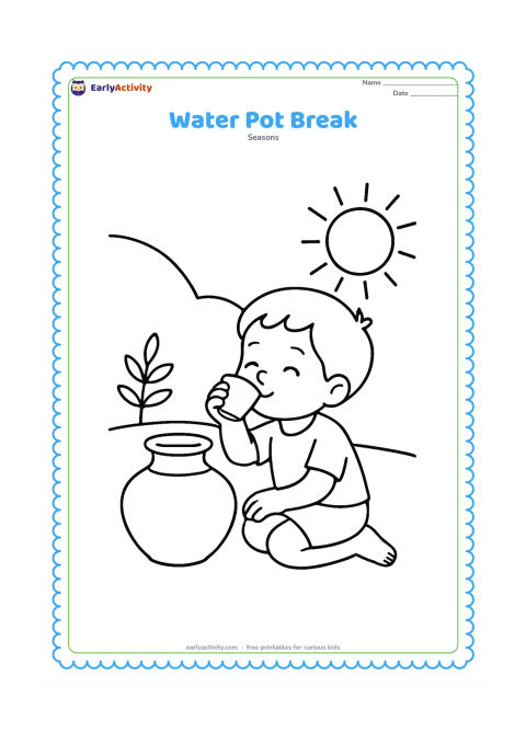 Colouring page: A child sits beside a traditional clay water pot and drinks from a small cup, with a shady wall, one plant and a bright sun outside.