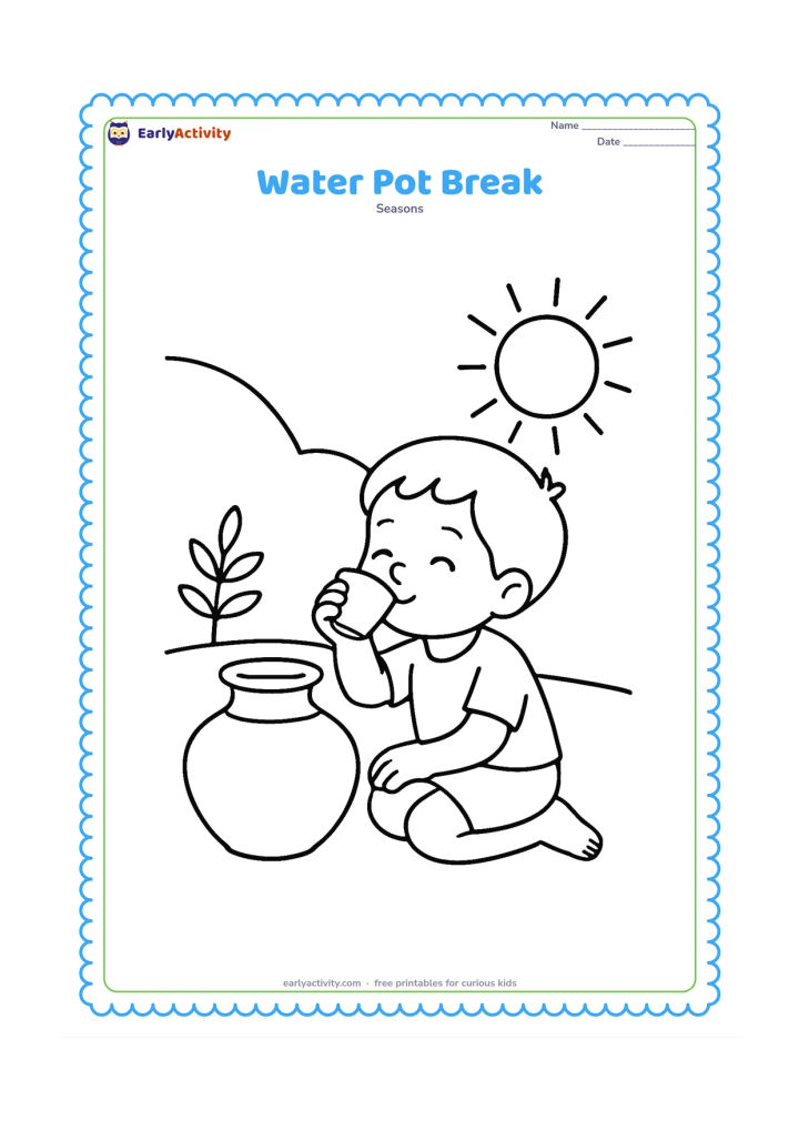 Colouring page: A child sits beside a traditional clay water pot and drinks from a small cup, with a shady wall, one plant and a bright sun outside.