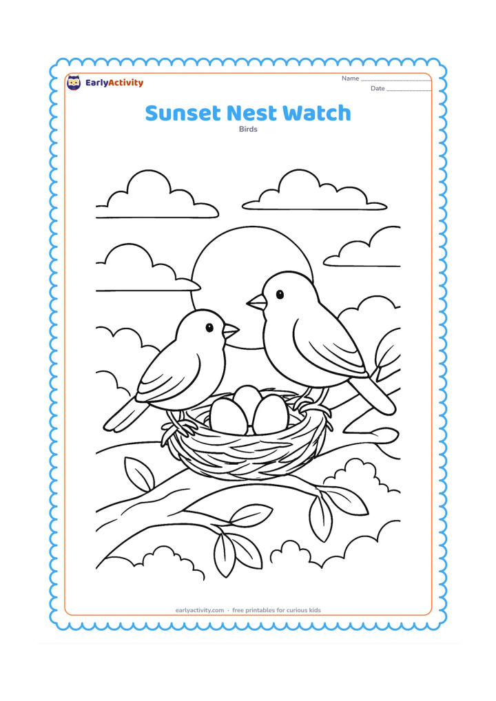 Colouring page: Two parent birds watch over a nest with eggs on a branching tree at sunset. Include a large low sun, layered clouds, distant tree shapes and a few leaves in the foreground.