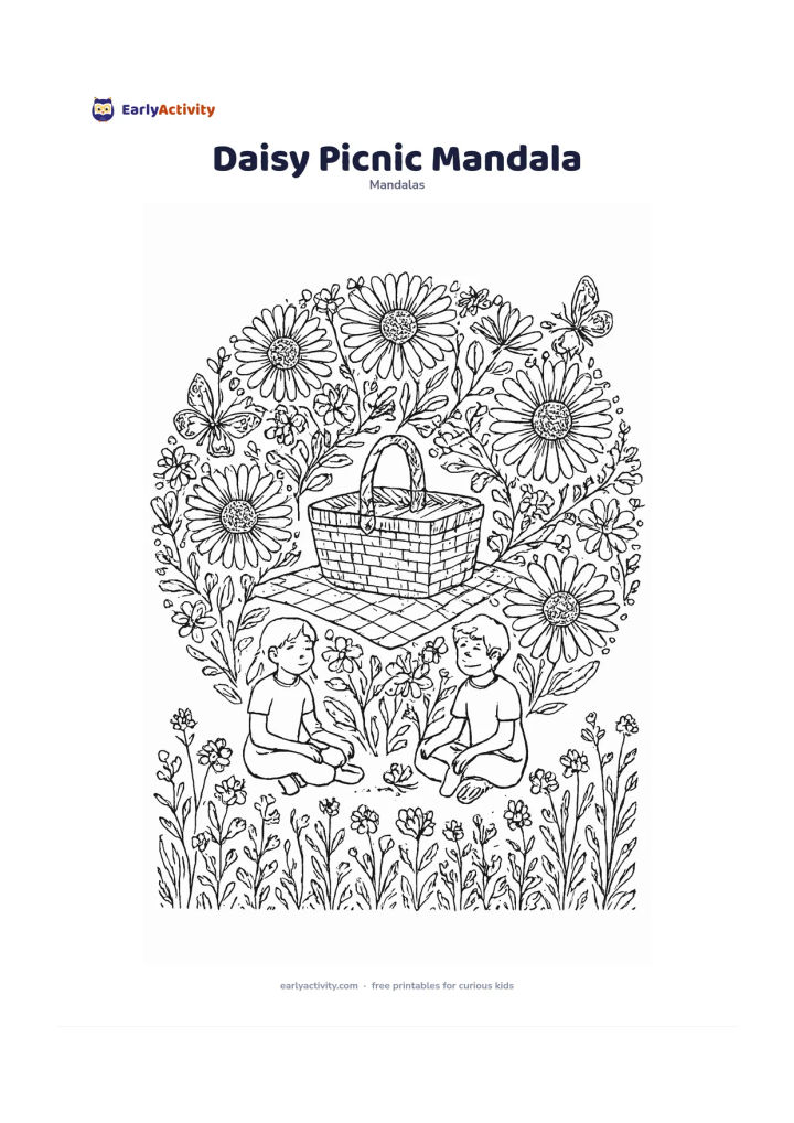 Colouring page: Create a daisy-filled circular mandala with layered petals, leafy stems and small meadow flowers around a central picnic basket. Add a checked but completely pattern-only picnic cloth,…
