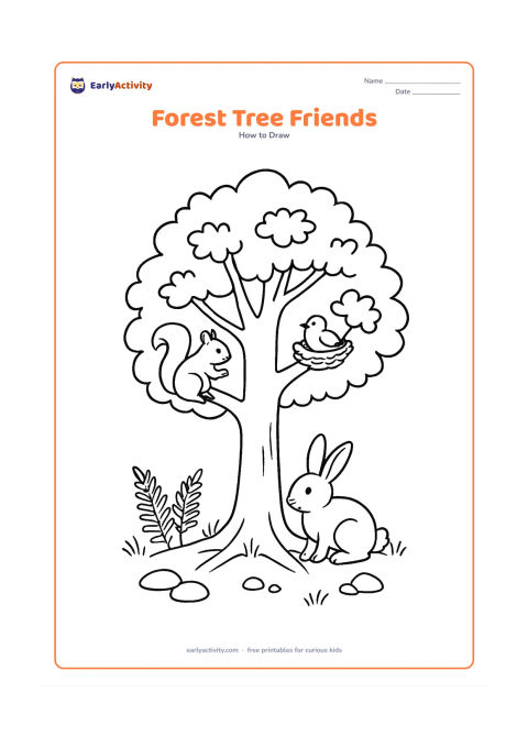 Worksheet: Show a large forest tree with layered branches and leaf clusters, while a squirrel sits on one branch, a small bird rests in a nest and a rabbit sits near the roots. Add ferns and stones…