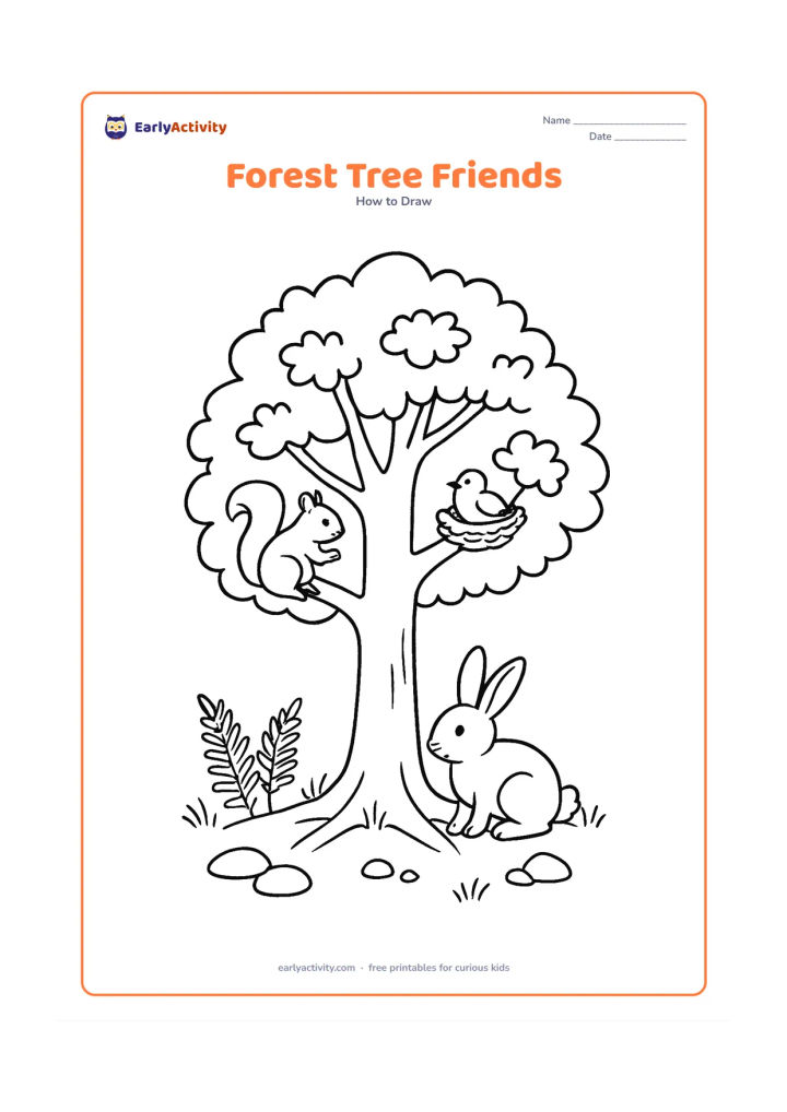 Worksheet: Show a large forest tree with layered branches and leaf clusters, while a squirrel sits on one branch, a small bird rests in a nest and a rabbit sits near the roots. Add ferns and stones…