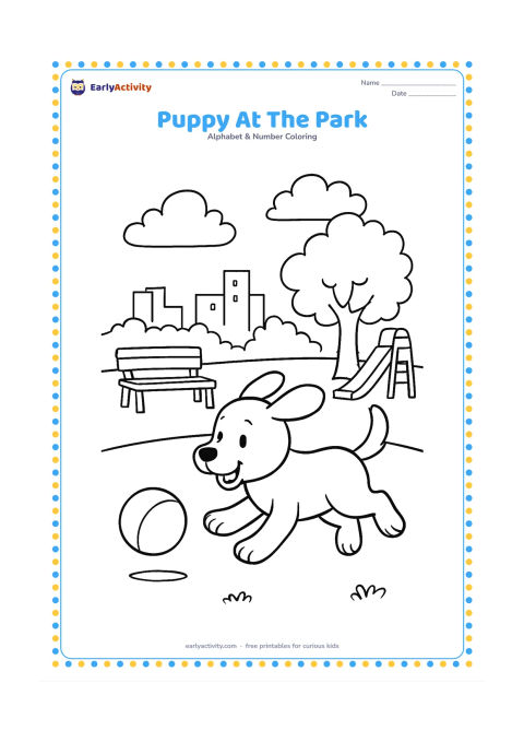 Colouring page: Draw a puppy running after a bouncing ball in a city park, with a bench, a leafy tree and a distant slide. Show the puppy in side view with its ears lifted.