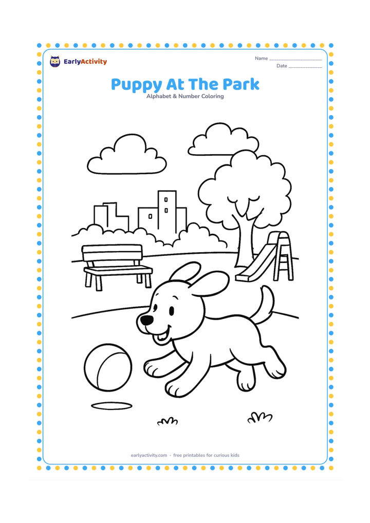 Colouring page: Draw a puppy running after a bouncing ball in a city park, with a bench, a leafy tree and a distant slide. Show the puppy in side view with its ears lifted.