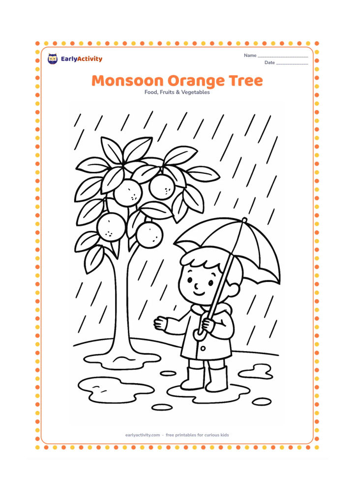 Colouring page: Draw an orange tree in light rain with several oranges, broad leaves, puddles and a child holding an umbrella nearby. Keep the rain as widely spaced lines.