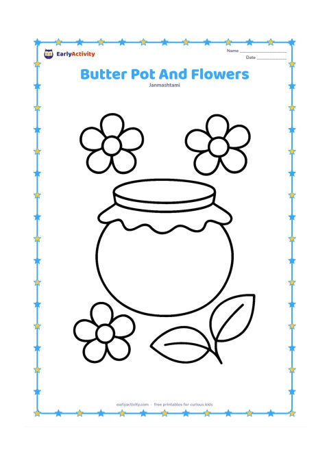 Colouring page: Draw a large round butter pot in the centre with a cloth covering part of its rim, surrounded by three oversized flowers and two leaves. Do not include Krishna in this still-life scene.