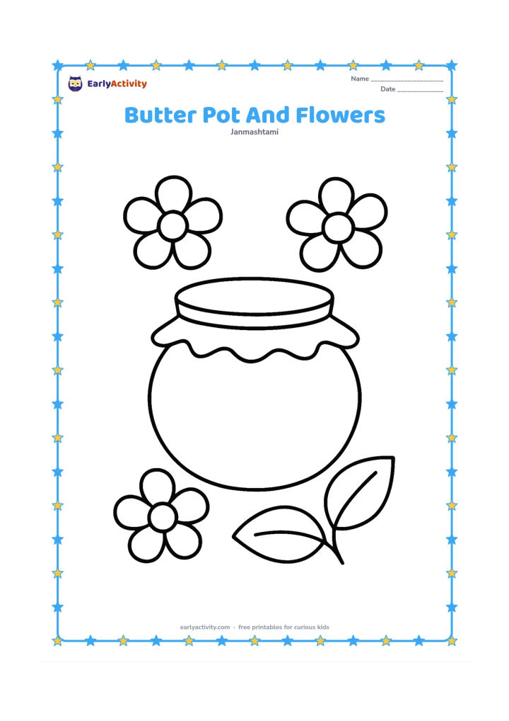 Colouring page: Draw a large round butter pot in the centre with a cloth covering part of its rim, surrounded by three oversized flowers and two leaves. Do not include Krishna in this still-life scene.