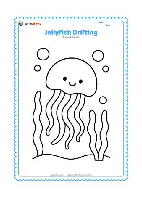 Colouring page: Draw a single jellyfish gently drifting to one side, with a large rounded bell and six curved tentacles trailing behind. Add two broad seaweed shapes and a few large bubbles.
