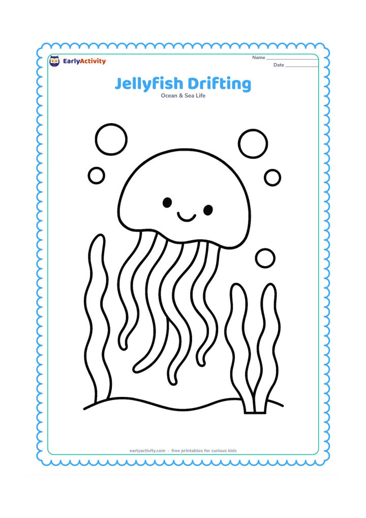 Colouring page: Draw a single jellyfish gently drifting to one side, with a large rounded bell and six curved tentacles trailing behind. Add two broad seaweed shapes and a few large bubbles.