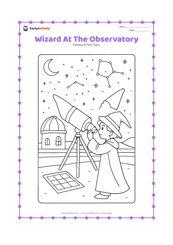 Colouring page: An older child wizard studies the night sky through a large telescope on a rooftop observatory. Surround the scene with a domed building, a crescent moon, constellations made only of…
